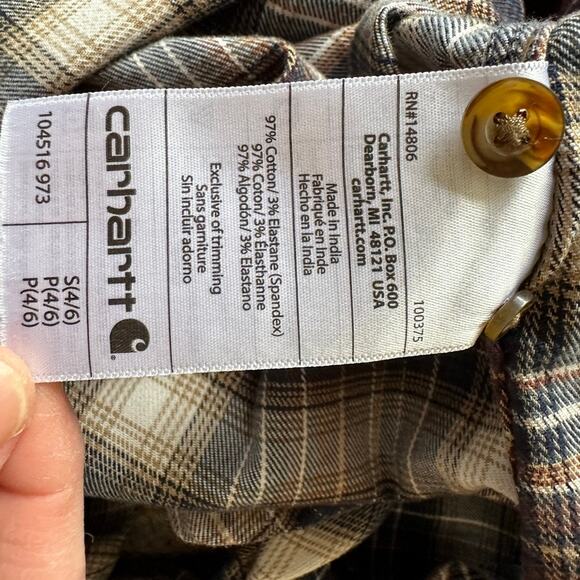 Carhartt Woman's Plaid Flannel Shirt Button Front Long Sleeve SMALL Brown Blue - Picture 8 of 9
